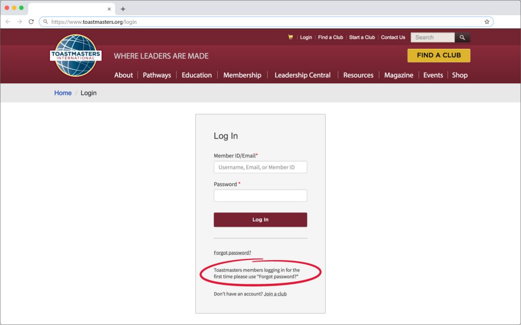 Login screen for toastmasters.org