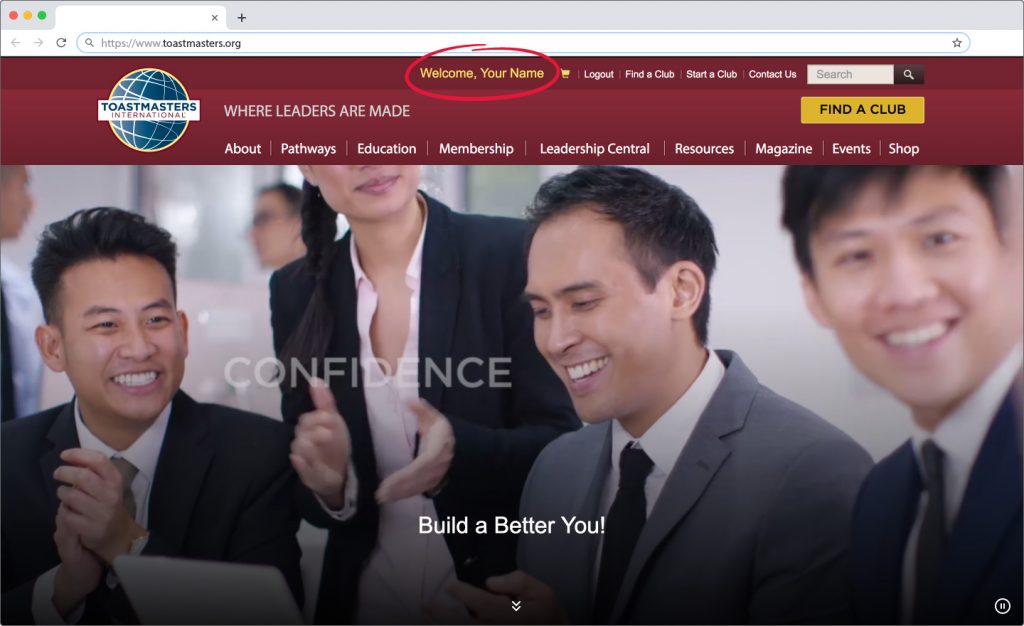 Logged-in view of the toastmasters.org home page