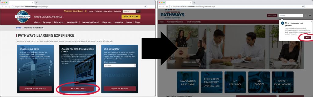 The Pathways Learning Experience home page and the Base Camp home page