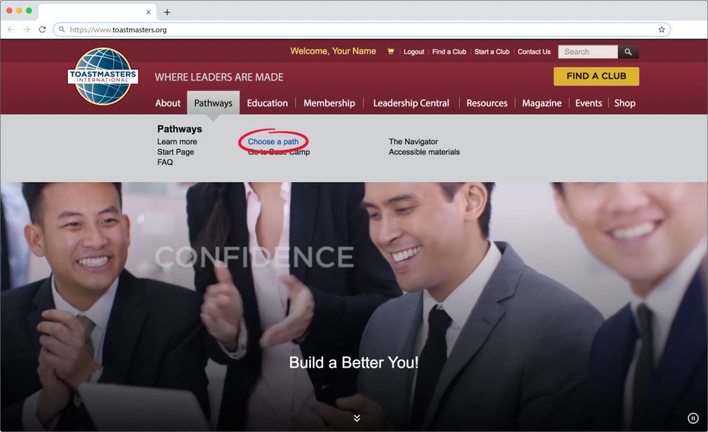 The toastmasters.org home page with the Pathways section of the navigation menu expanded