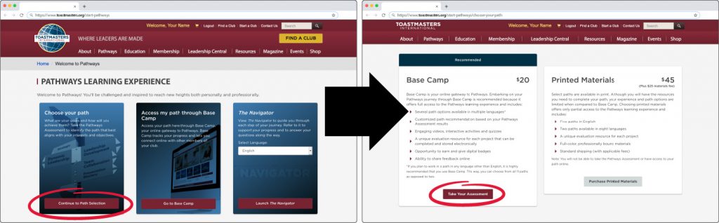 The Pathways Learning Experience home page and the "Choose Your Path" page