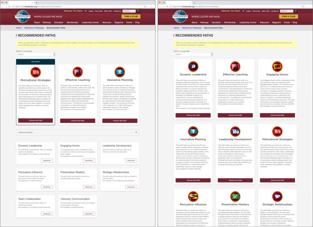 The "Recommended Paths" page of the path selection process on toastmasters.org