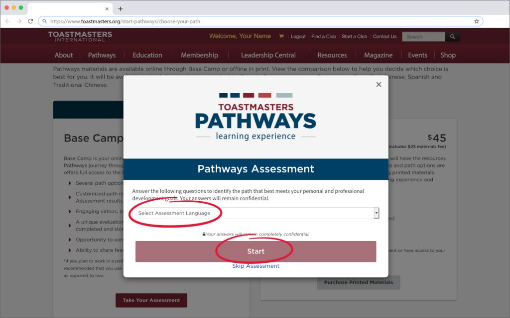 The first page of the Pathways Assessment