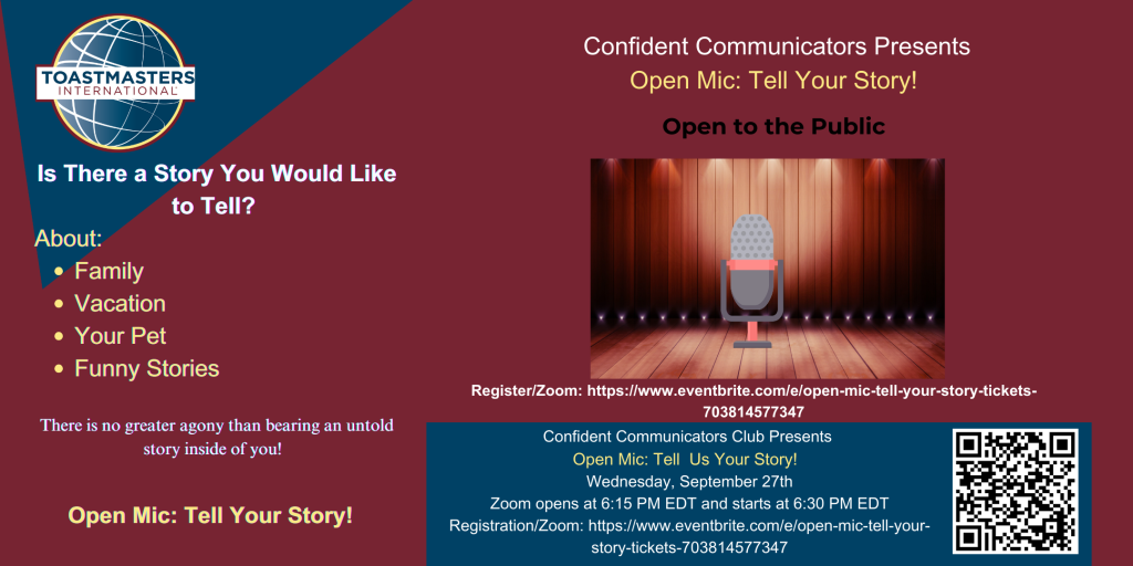Event details for Confident Communicators Club Presents Open Mic: Tell Your Story! special event